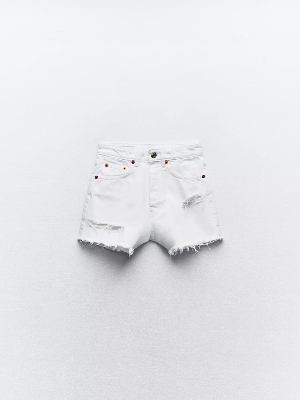 Zara White High-Waist Ripped Denim Shorts